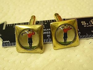 ANTIQUE GOLD FILLED HAND PAINTED UNDER GLASS GOLFER WITH CLUB CUFFLINKS