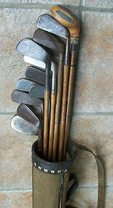 12 Antique Vintage 1920s Wood Shaft Hickory Golf Clubs With Old Golf Bag
