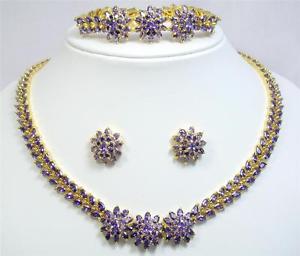 18k 14kgf AMETHYST STONES NECKLACE EARRINGS BRACELET SET MATCHING
