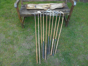 10 ANTIQUE HICKORY SHAFTED GOLF CLUBS & BAG