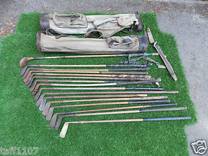 16 HICKORY SHAFTED GOLF CLUBS CLUB,PUTTERS ,IRONS,WOOD & 2 VINTAGE GOLF BAGS