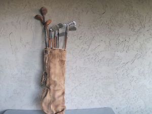 10 Antique Vintage 1920s Wood Shaft Hickory Golf Clubs With Old Leather Bag