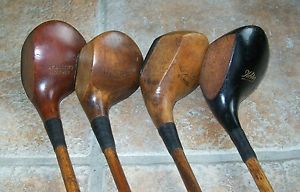 4 Antique Vintage 1920s Hickory Wood Shaft Golf Clubs Driver Brassie Spoon NICE