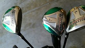 Warrior set of irons, 3-pw, graphite shafts and 3,5,7 woods and bag.