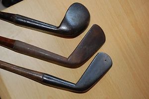 3 hickory antique golf clubs - gutty era 1890s cleek, mashie, rut niblick Forgan
