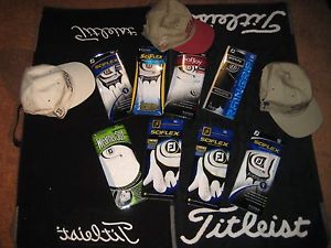 9 FOOTJOY GOLF GLOVES/TIITLEIST HATS & GOLF TOWELS