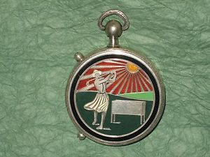 ART DECO ANTIQUE STERLING SILVER GUILLOCHE ENAMEL POCKET WATCH GOLF WOMAN GOLFER