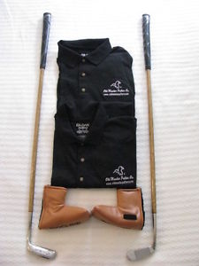 OLD MASTER GOLF GIFTS / 2 HICKORY SHAFTED PUTTERS, 2 SHIRTS & 2 GOLF TOWELS