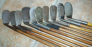 10 Antique Vintage Old Deep Groove Slot Bakspin Hickory Wood Shaft Golf Clubs