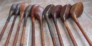 10 Antique Vintage Old 1920s Hickory Wood Shaft Golf Clubs Driver Brassie Spoon
