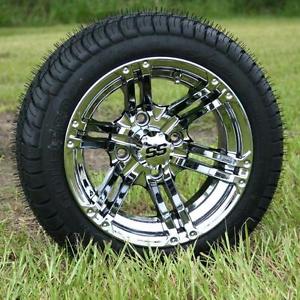12x7 CHROME Specter Golf Cart Wheels Low Profile GOLFPRO Tires