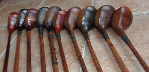 10 Antique Vintage Old 1920s Hickory Wood Shaft Golf Clubs Driver Brassie Spoon