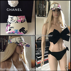 CHANEL GRAFFITI WHITE CC LOGOS SUN VISOR  HAT ONE SIZE