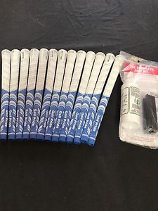 13x Golf Pride White/Blue Whiteout MultiCompound Std Grips and Brampton Grip Kit