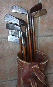 10 Antique Vintage 1920s Hickory Wood Shaft Golf Clubs & Spalding Leather Bag