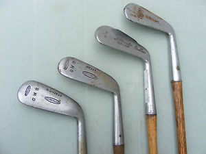 4 VINTAGE ANTIQUE HICKORY SHAFT GOLF CLUBS IRONS  DWB ,