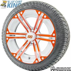 14" RHOX SS White/Orange Wheel and Low Profile Golf Cart Tire Combo Options