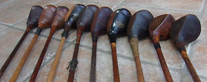 10 Antique Vintage Old 1920s Hickory Wood Shaft Golf Clubs Driver Brassie Spoon